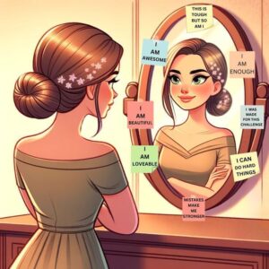 A girl is admiring herself in front of the mirror